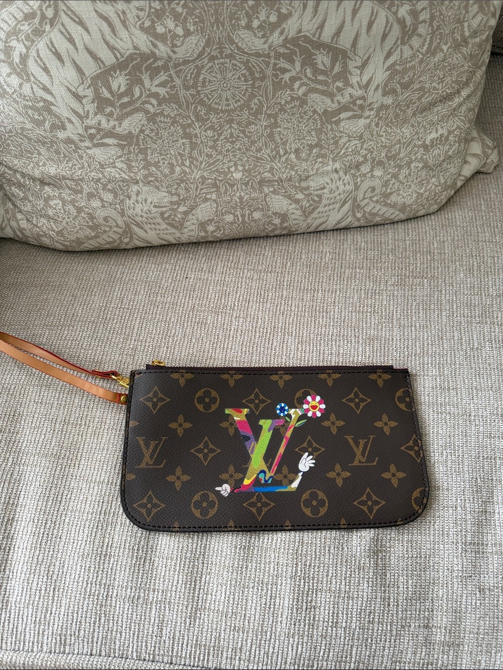 Brown Monogram Canvas Wristlet Pouch with Colorful Motif